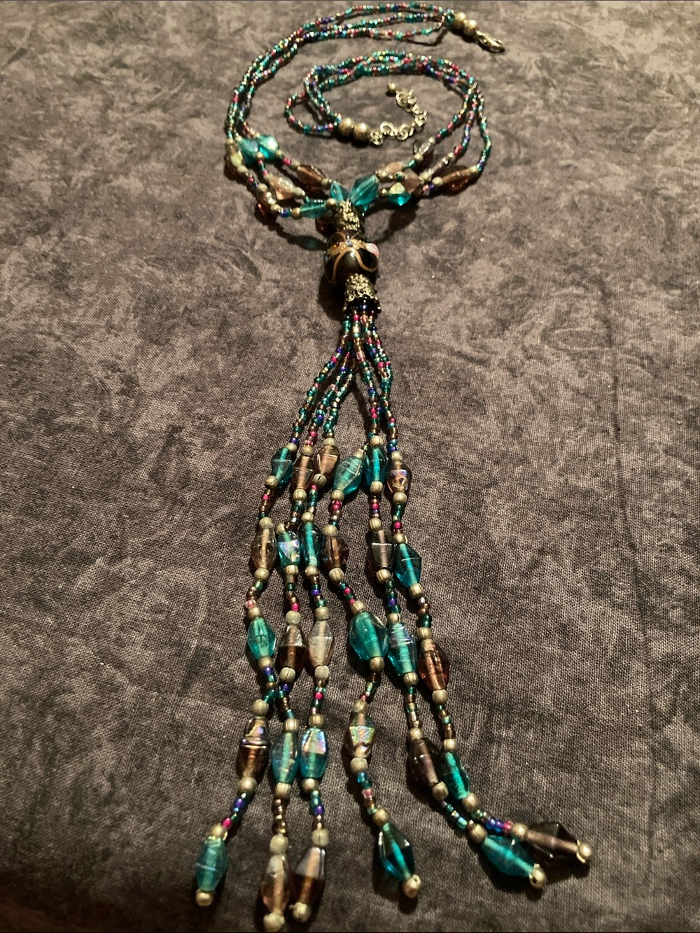 Beaded Teal Tassel Necklace
